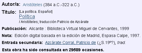 Portada de la edición digital de la Universidad de Alicante de la Política de Aristóteles (captada el 16 de octubre de 2005)