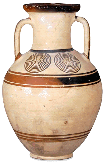 Ánfora de cuello de asas con dos diseños de círculos concéntricos. Período Protogeométrico, ca. 975-950 a.n.e. Probablemente de Atenas Ánfora de cuello de asas con dos diseños de círculos concéntricos. Período Protogeométrico, ca. 975-950 a.n.e. Probablemente de Atenas