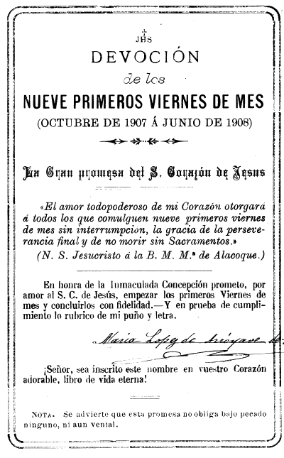 primera p&aacute;gina de una hoja de control del cumplimiento de la devoci&oacute;n de los nueve primeros viernes de mes: octubre de 1907 a junio 1908