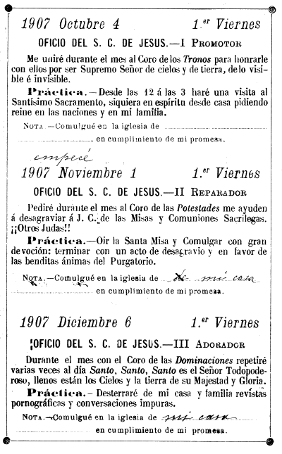 segunda p&aacute;gina de una hoja de control del cumplimiento de la devoci&oacute;n de los nueve primeros viernes de mes: octubre de 1907 a junio 1908
