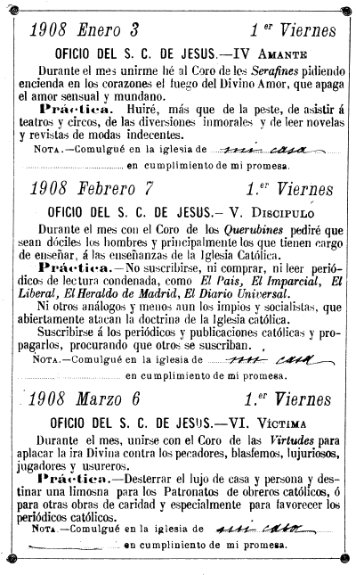 tercera p&aacute;gina de una hoja de control del cumplimiento de la devoci&oacute;n de los nueve primeros viernes de mes: octubre de 1907 a junio 1908