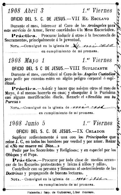 cuarta p&aacute;gina de una hoja de control del cumplimiento de la devoci&oacute;n de los nueve primeros viernes de mes: octubre de 1907 a junio 1908