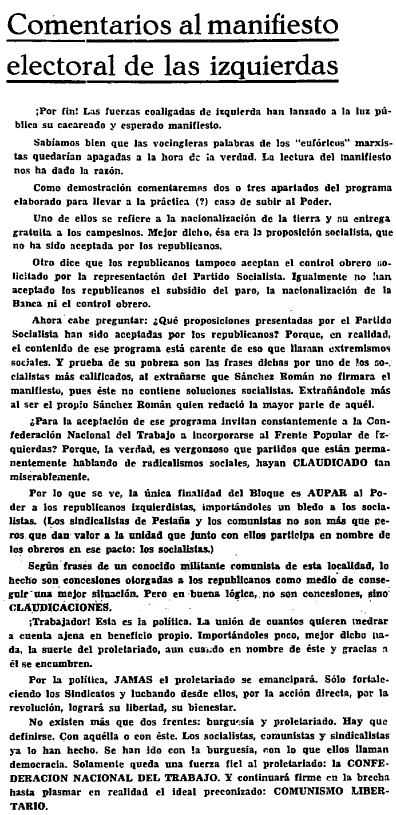 Comentarios al manifiesto electoral de las izquierdas, en Crisol. Portavoz de la Federaci&oacute;n Comarcal de Sindicatos &Uacute;nicos de Guip&uacute;zcoa, Semanario Anarquista, San Sebasti&aacute;n, 18 de enero de 1936, A&ntilde;o II, n&uacute;mero 5, primera plana
