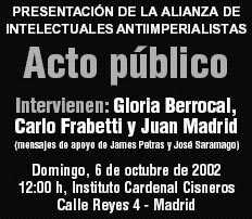 Anuncio de la ceremonia de presentaci&oacute;n del Manifiesto de la Alianza de Intelectuales Antiimperialistas, el 6 de octubre de 2002 en Madrid