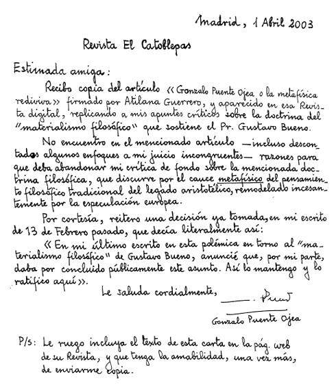 Carta manuscrita de Gonzalo Puente Ojea a la revista El Catoblepas, 1 abril 2003
