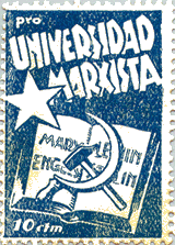 Sello pro Universidad Marxista, durante la guerra, en la República española no sujeta al Corazón de Jesús y a la cruz gamada
