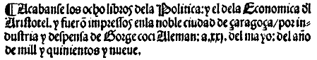 Colof&oacute;n de Arist&oacute;teles, Pol&iacute;tica, Zaragoza 1509