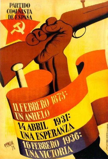 Cartel de José Renau: Partido Comunista de España, 11 febrero 1873: un anhelo, 14 abril 1932: una esperanza, 16 febrero 1936: una victoria