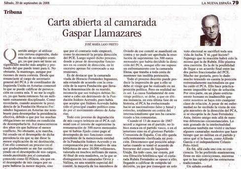 Jos&eacute; Mar&iacute;a Laso Prieto, Carta abierta al camarada Gaspar Llamazares