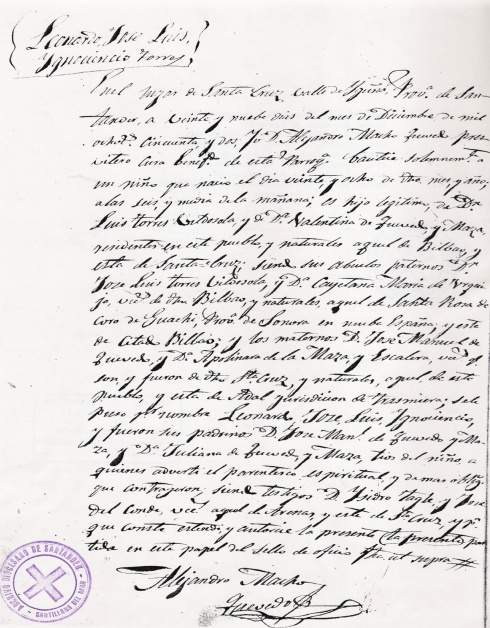 partida de bautismo de Leonardo Torres Quevedo
