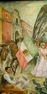 El maestro Jos&eacute; Clemente Orozco y la Revoluci&oacute;n observan a Vasconcelos ide&oacute;logo de la UNAM, fragmento del mural La universidad en el umbral del siglo XXI, de Arturo Garc&iacute;a Bustos, 1989, en la estaci&oacute;n Metro Universidad, linea 3 del metro de la ciudad de M&eacute;xico