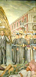 Jos&eacute; Vasconcelos, fundador e ide&oacute;logo de la UNAM: Por mi raza hablar&aacute; el esp&iacute;ritu, seguido de los rectores Nabor Carrillo, Antonio Caso, Manuel G&oacute;mez Mor&iacute;n, Javier Barros Sierra; sobre la masa de mexicanos destaca el licenciado Carlos Zapata Vela, fragmento del mural La universidad en el umbral del siglo XXI, de Arturo Garc&iacute;a Bustos, 1989, en la estaci&oacute;n Metro Universidad, linea 3 del metro de la ciudad de M&eacute;xico