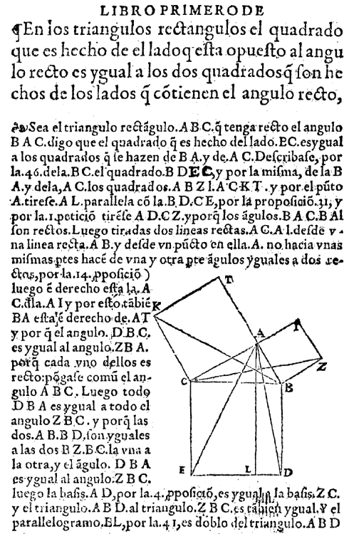 Euclides I,47 en la primera edici&oacute;n en espa&ntilde;ol, Sevilla 1576