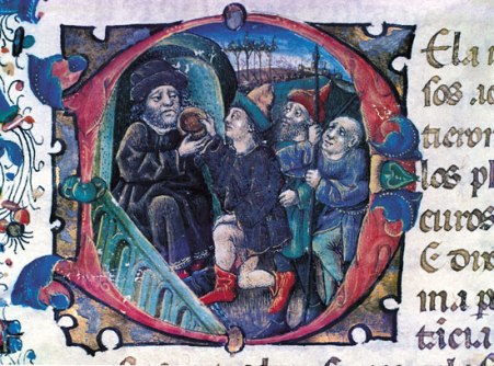 Inicial miniada de la obra de Plat&oacute;n que representa a S&oacute;crates bebiendo la cicuta, siglo XV