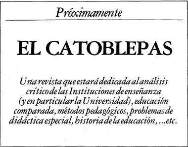 Anuncio de una revista que no llegó a publicarse llamada El Catoblepas en 1980, El Basilisco 9:93