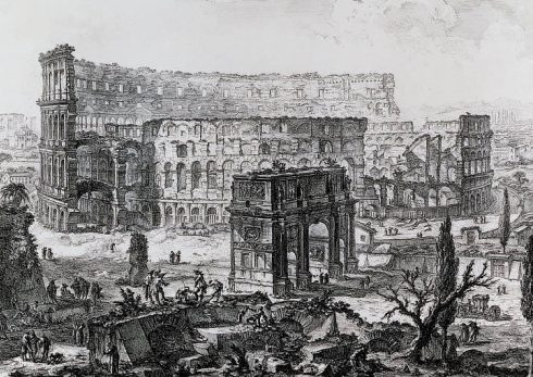 Grabado de Giambattista Piranesi, perteneciente al &aacute;lbum Vistas de la Roma Antigua (1772). El arco de Constantino y el Coliseo
