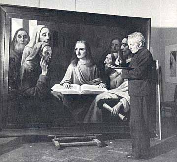 Van Meegeren pintando en su celda Jes&uacute;s entre los doctores, de Vermeer
