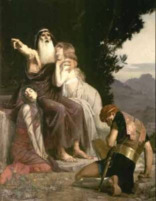 Andr&eacute; Marcel Baschet, &Ouml;dipus (mit Ismene und Antigone) verurteilt Polyneikes, 1883