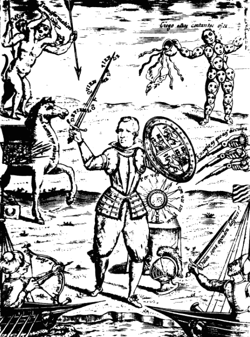 Defiendo a quien me defiende, grabado p&oacute;rtico de Juan Antonio de Vera, El Fernando o Sevilla restaurada, Mil&aacute;n 1632